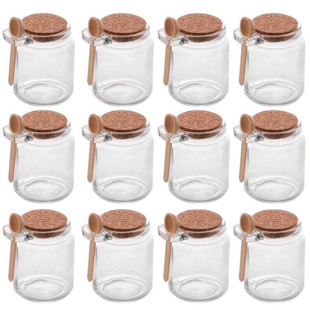 Conjunto 12 Potes de Vidro com Tampa de Rolha Colher de Bambu Porta Temperos 240ml Lyor