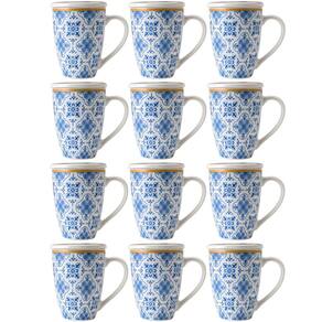 Jogo 12 Xícaras Canecas de Porcelana para Chá 310ml com Tampas e Filtros Inox Lisboa Lyor Azul