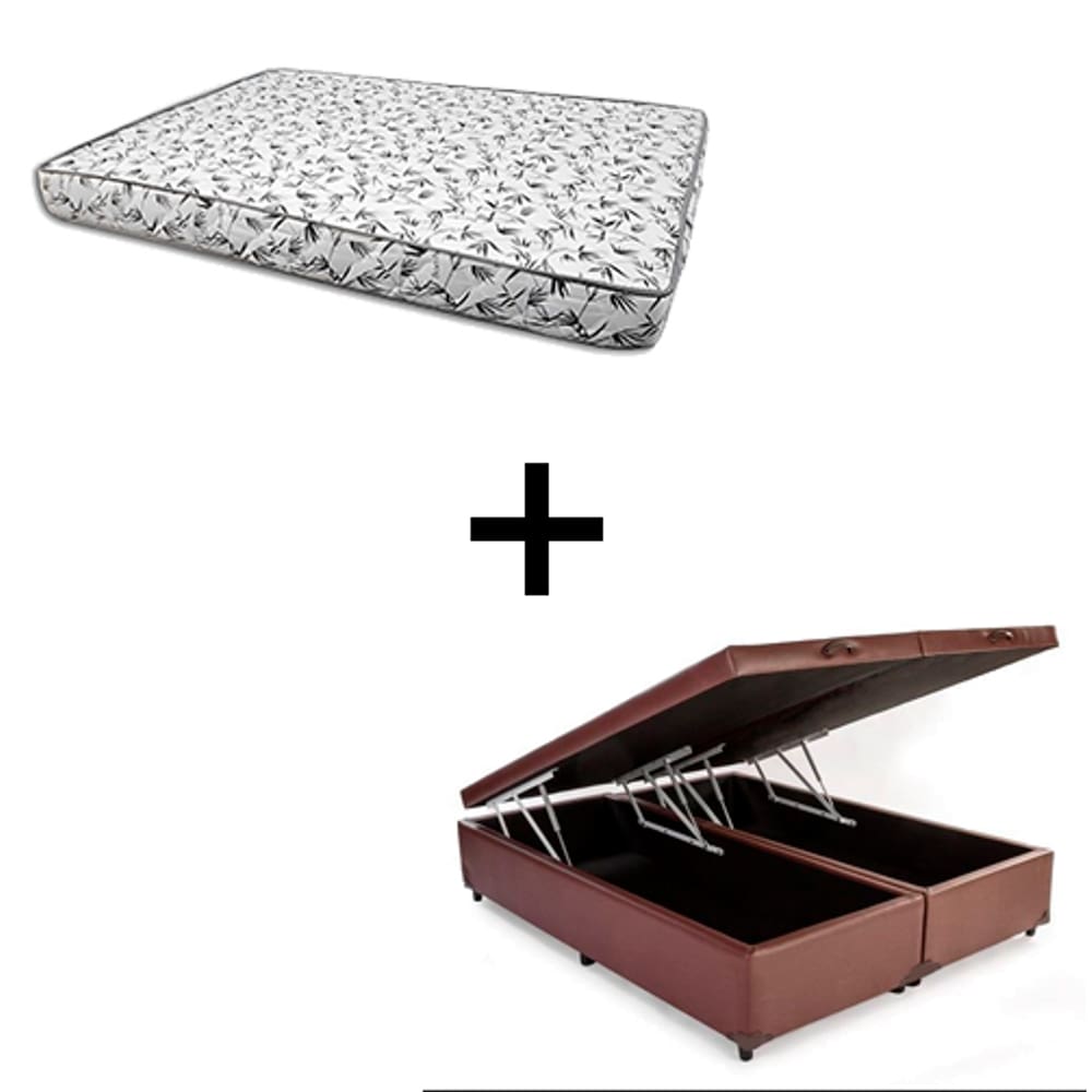 Cama Box Baú Queen 158 - Tecido Sintético Marrom Com Colchão Nápoles Bello Box - 100% Espuma - Branco D33 55x158x198