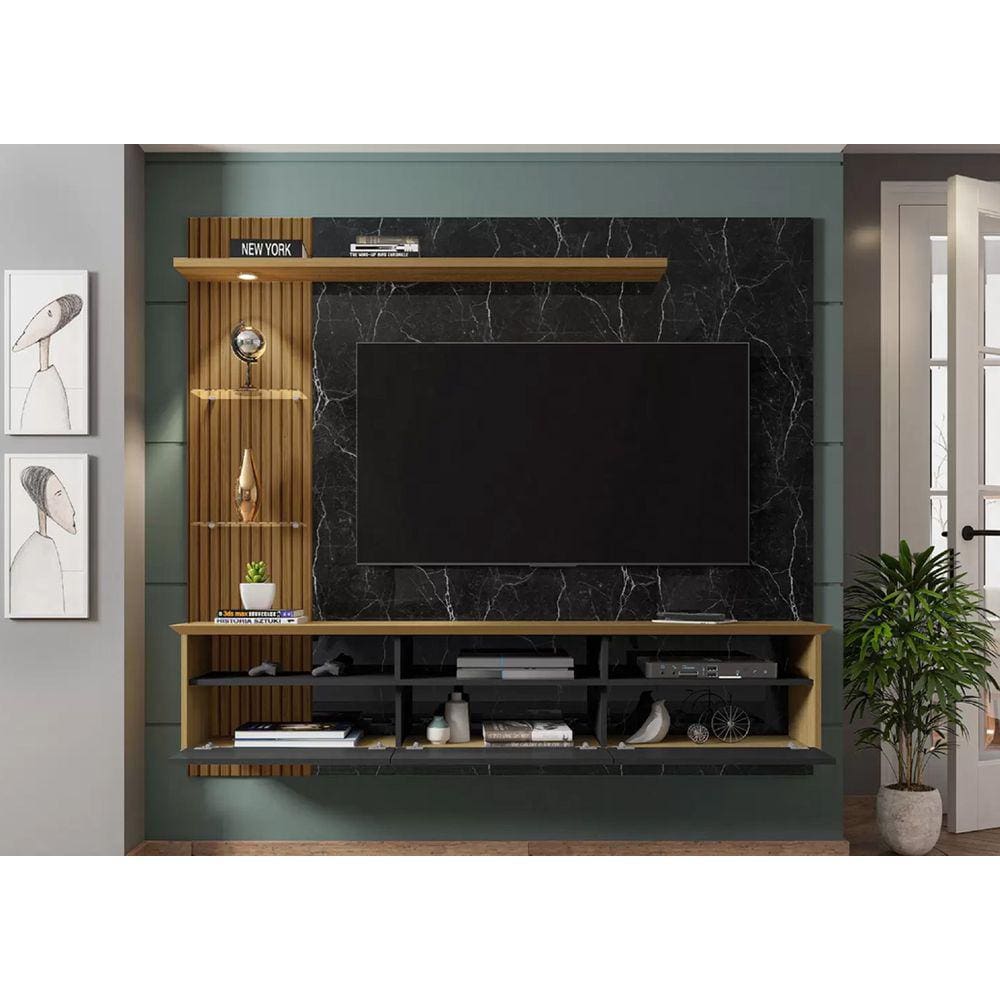 Painel TV até 60" Polegadas 3 Portas 2 Nichos Nero/Preto/Canela Móveis Bechara Trend 161x180x33