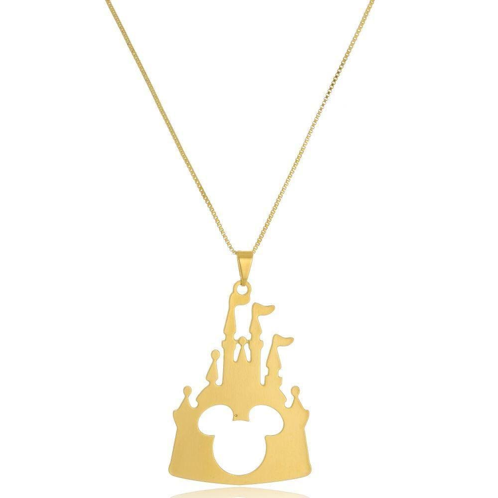 Colar Castelo Disney Com Mikey No Meio Folheado Em Ouro 18k