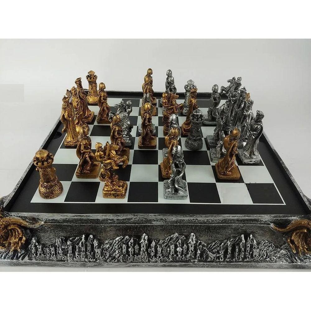 Jogo Tabuleiro De Xadrez Luxo Cavaleiros Medievais 3d 36 Pcs