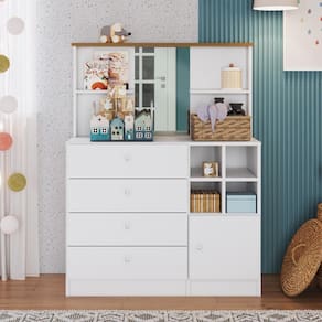 Cômoda Gaveteiro Penteadeira Infantil Com Espelho House 1 Porta 4 Gavetas Quarto Branco