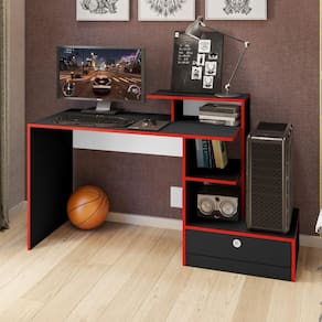 Escrivaninha Mesa Gamer Tech Para Computador Home Office 1 Gaveta Quarto Escritório Preta e Vermelho