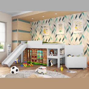 Kit Conjunto Infantil Cama E Baú Playground Escorregador Cortina Prateleiras Meu Fofinho Branco
