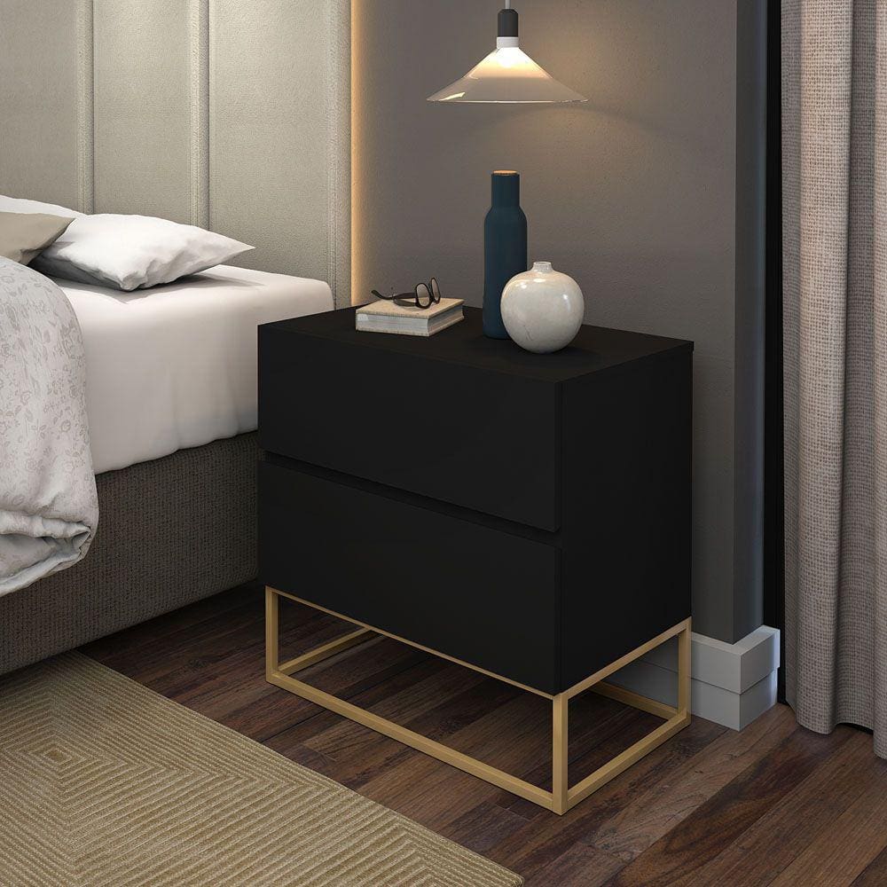Mesa Cabeceira Preto Com Pés Dourado