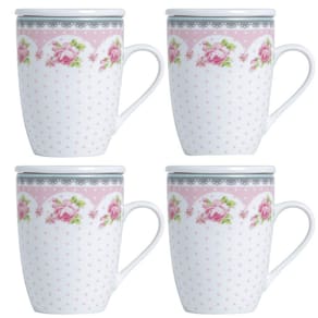 4 Canecas de Porcelana para Chá 310ml com Tampa e Filtro Inox Infusoor Lyor Rosa