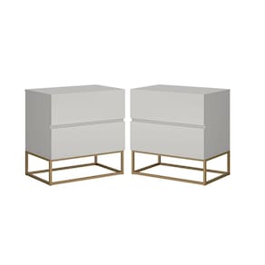 Kit Mesas de Cabeceira Eros Off White Com Base de Ferro Dourado P/ Quarto
