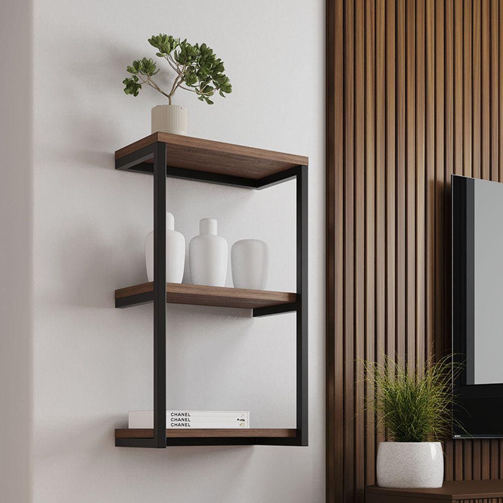 Nicho de Parede Industrial 3 Prateleiras Milão - Preto e Imbuia