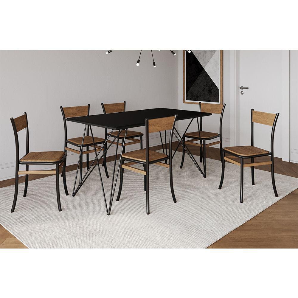 Conjunto Mesa de Jantar Trama com 6 Cadeiras Paris Base Preto e Tampo Preto 140 Cm