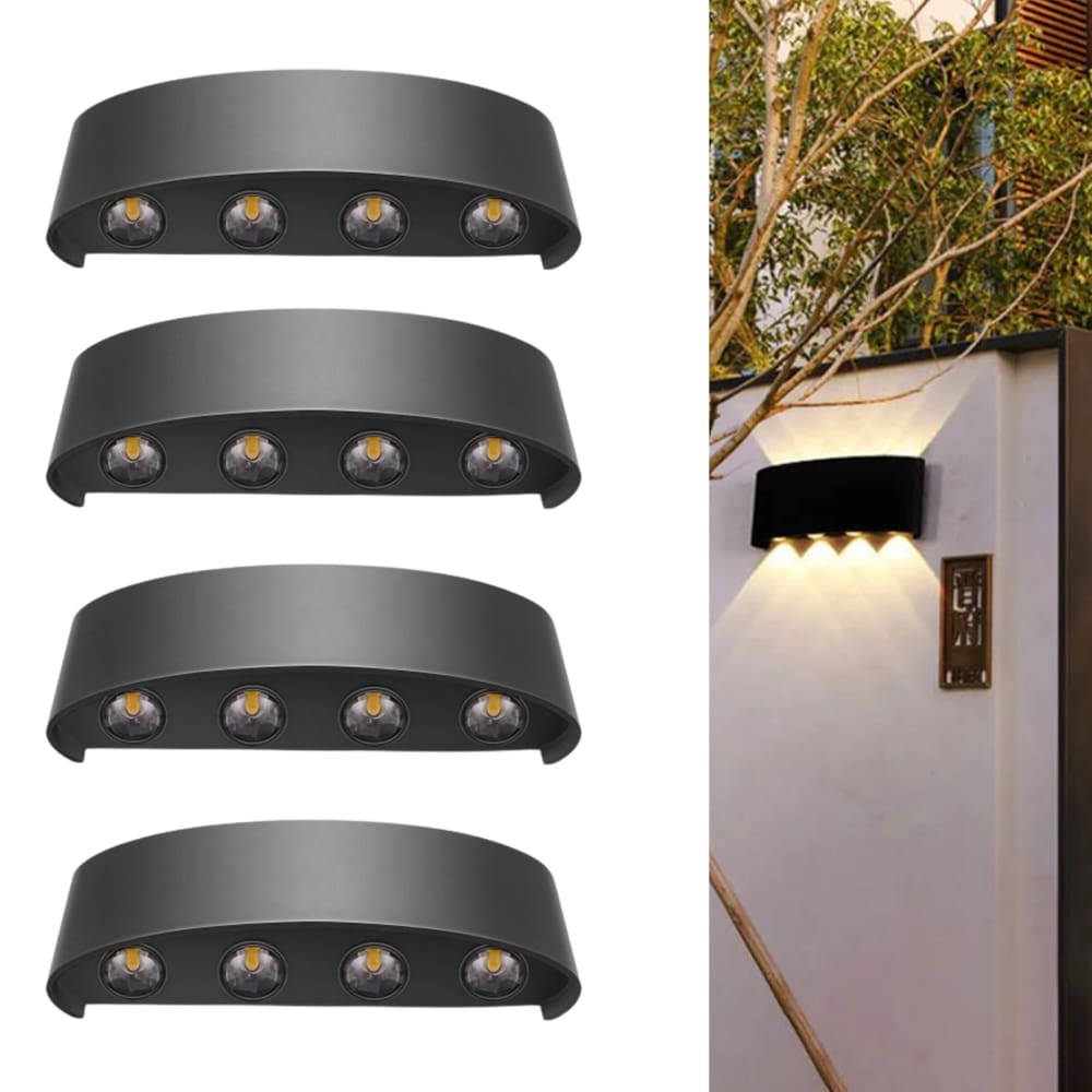 4 Luminária Arandela Led Meia Lua De Sobrepor IP65 (Cor Preta) 8W E 8 Fachos (Branco Quente) Para Paredes Muros Jardins