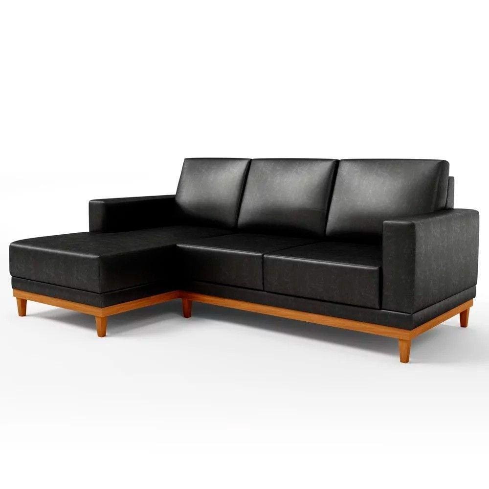 Sofá 200cm 3 Lugares Com Chaise Direito Couríssimo Preto