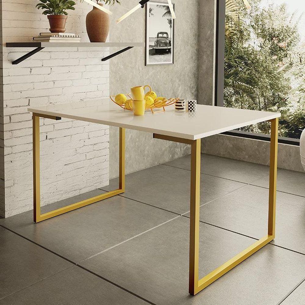 Mesa De Jantar Estilo Industrial Dourado Off White