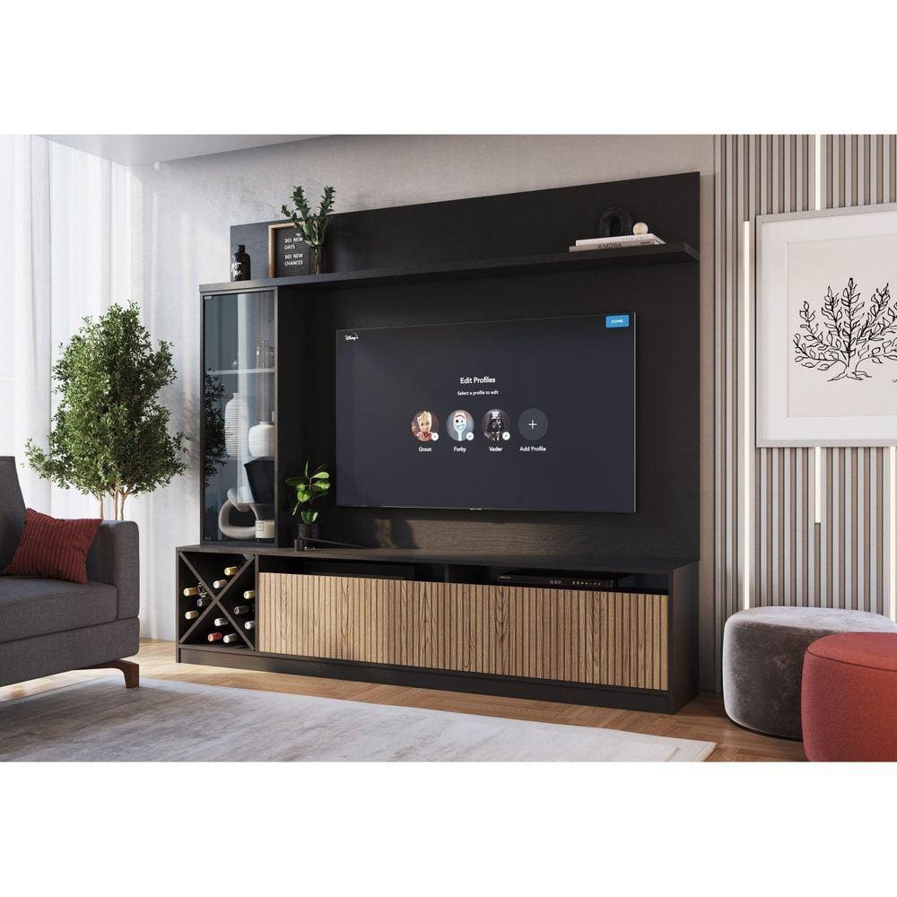 Rack Impressão Ripado com Painel para TV até 60 Polegadas Adega e Cristaleira Capri Quiditá Preto/Brise