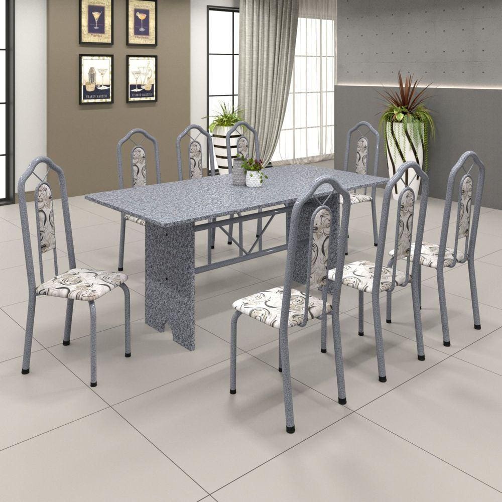 Conjunto de Mesa 180x75cm Tampo Granito com 8 Cadeiras Bianca Soma Móveis Martelado Pérola/Ocre/Arabesco