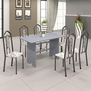 Conjunto de Mesa 140x75cm Tampo Granito com 6 Cadeiras Bianca Soma Móveis Martelado Prata/Granito Ocre/Arabesco
