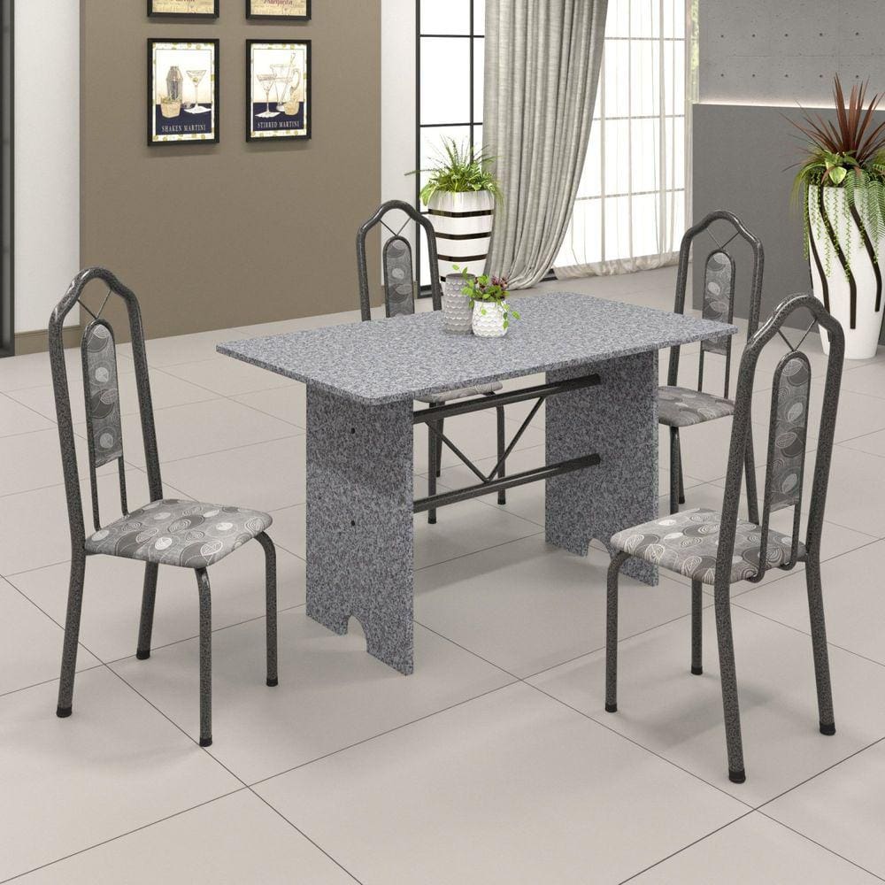 Conjunto de Mesa 120x75cm Tampo Granito com 4 Cadeiras Bianca Soma Móveis Martelado Prata/Granito Ocre/Paraopeba