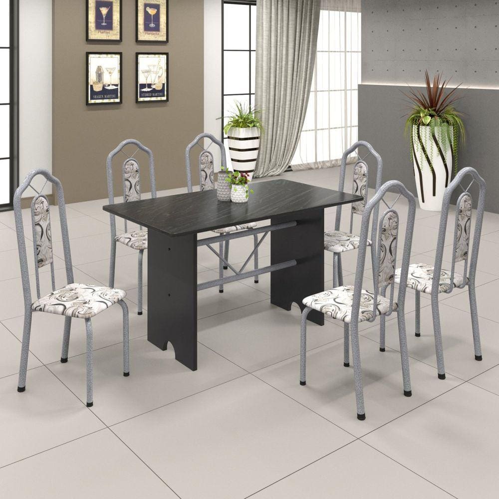 Conjunto de Mesa 140x75cm Tampo Ardosia com 6 Cadeiras Bianca Soma Móveis Martelado Pérola/Arabesco