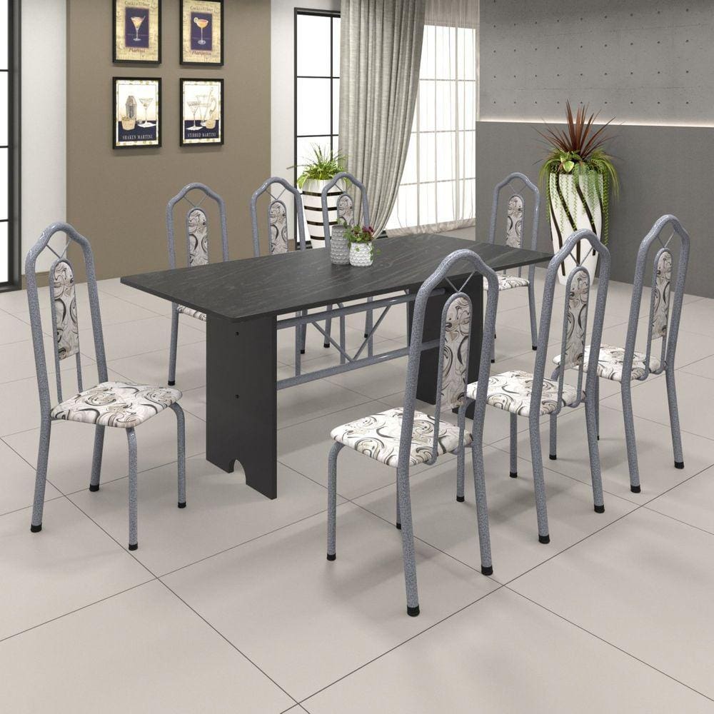 Conjunto de Mesa 180x75cm Tampo Ardósia com 8 Cadeiras Bianca Soma Móveis Martelado Pérola/Arabesco