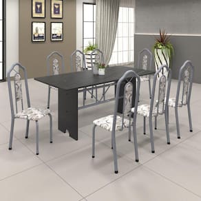 Conjunto de Mesa 180x75cm Tampo Ardósia com 8 Cadeiras Bianca Soma Móveis Martelado Pérola/Arabesco
