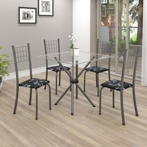 Conjunto de Mesa Tubular 70x70cm Tampo em Vidro com 4 Cadeiras Dany Soma Móveis Preto Floral/Martelado Prata/Incolor