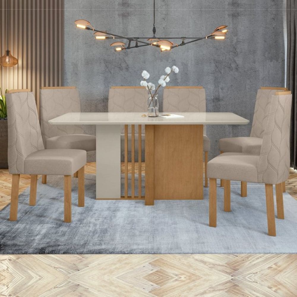 Conjunto Sala de Jantar Mesa 160x90cm Tampo MDF com 6 Cadeiras Astrid Móveis Lopas Amêndoa Clean/Off White/Marromle Creme