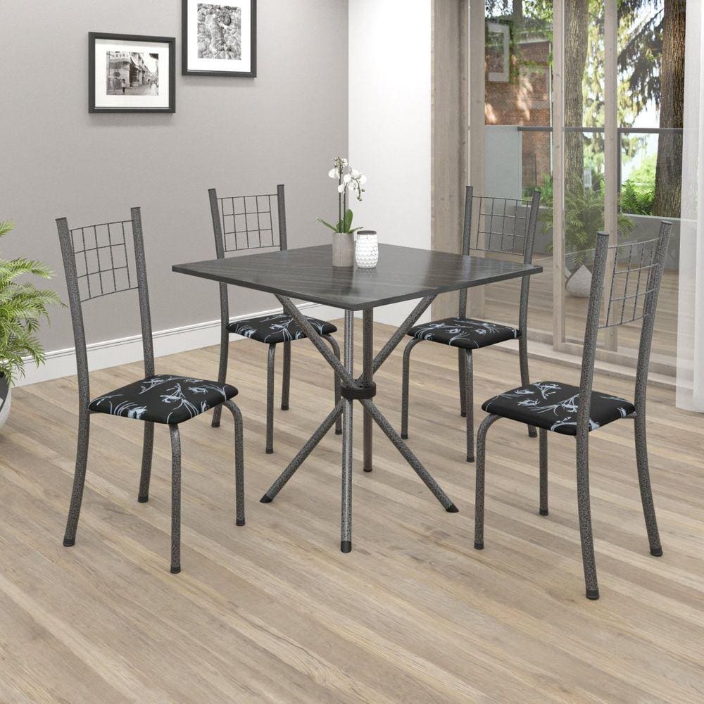 Conjunto de Mesa Tubular 70x70cm Tampo em Ardósia com 4 Cadeiras Dany Soma Móveis Preto Floral/Martelado Prata/Ardosia Indiano
