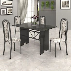 Conjunto de Mesa Tampo Ardósia 120x75cm com 4 Cadeiras Lavínea Soma Móveis Martelado Prata/ Ardosia Indiano/ Arabesco