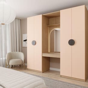 Conjunto Modulado Joy 3 Peças Módulo Nichos com 2 Gavetas, Penteadeira com Espelho e Cabideiro com Nichos Cabecasa Madeiramadeira Salmão/Avena