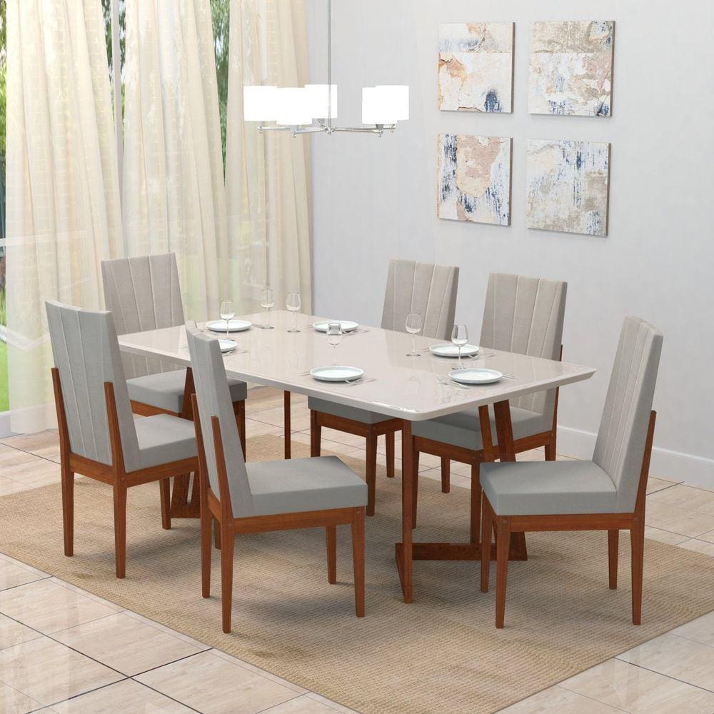 Conjunto Sala de Jantar Mesa 160x90cm Tampo Vidro/MDF com 6 Cadeiras Safira Móveis Meneghetti Caramarromo/Bege Claro