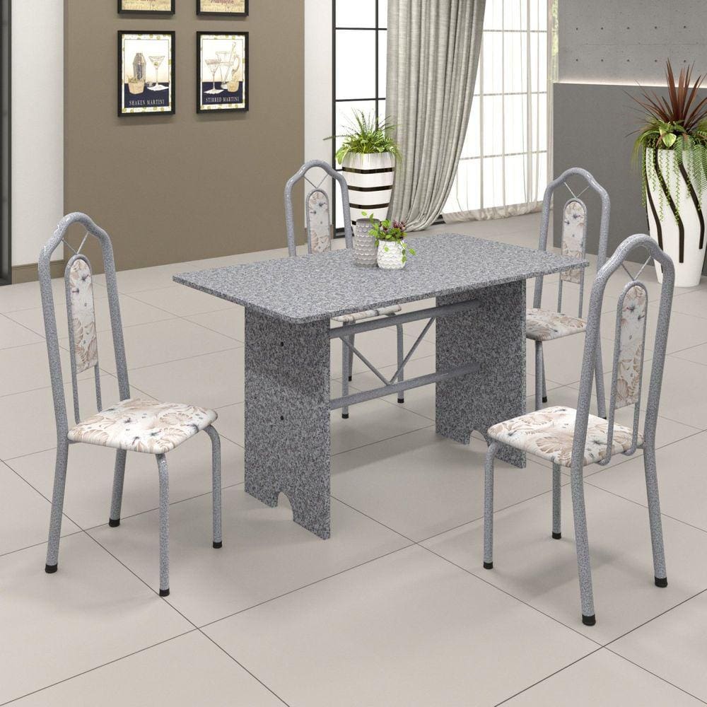 Conjunto de Mesa 120x75cm Tampo Granito com 4 Cadeiras Bianca Soma Móveis Martelado Pérola/Granito Ocre /Botanic Bege