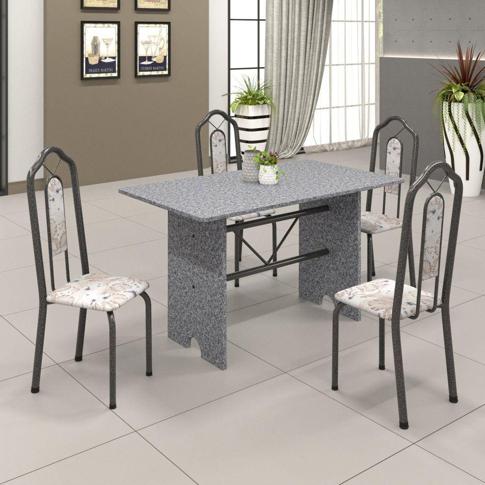 Conjunto de Mesa 120x75cm Tampo Granito com 4 Cadeiras Bianca Soma Móveis Martelado Prata/Granito Ocre/Botanic Bege