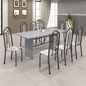 Conjunto de Mesa 180x75cm Tampo Granito com 8 Cadeiras Bianca Soma Móveis Martelado Prata/Ocre/Arabesco
