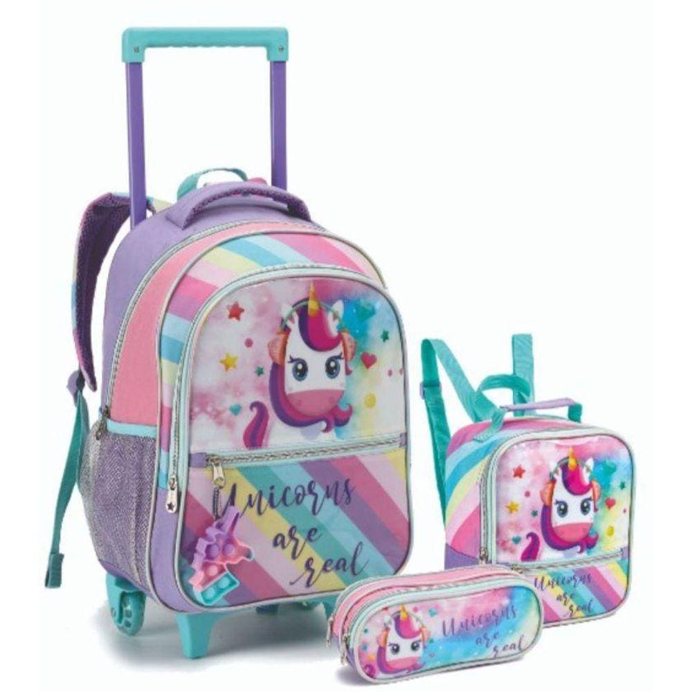 Kit Mochila Infantil 16 + Estojo + Lancheira Unicórnio Pop