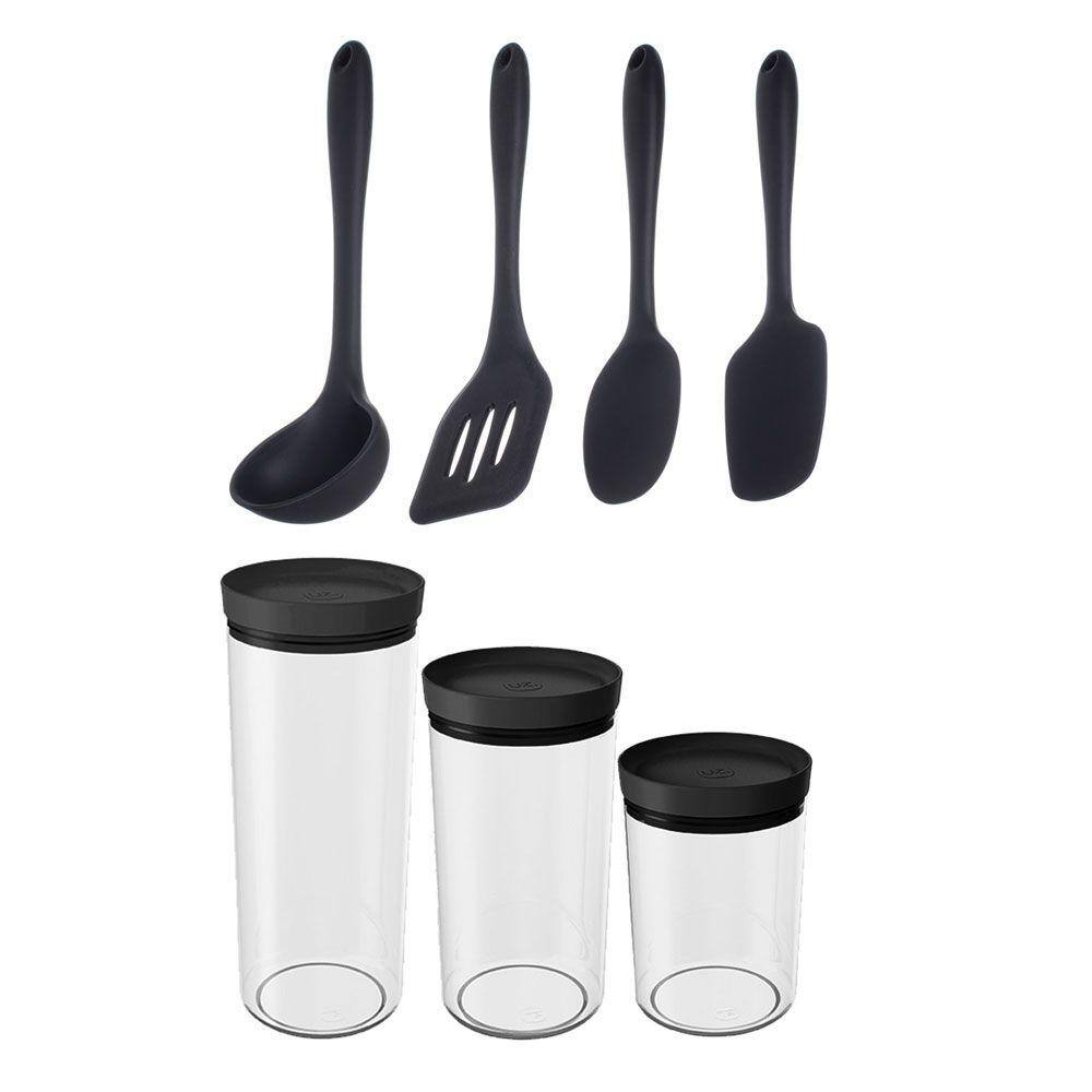 Kit Gourmet - Suporte Preto + Jogo De Cozinha Talheres Silicone 11 Peças