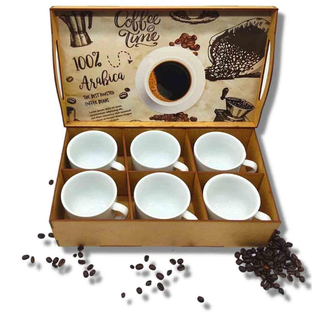 Jogo 6 Xicaras 170Ml Porcelana Café Chá Caixa Mdf Branca