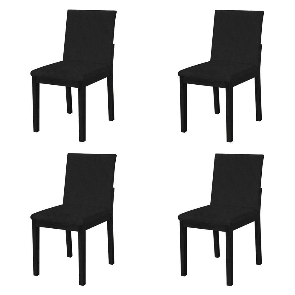 Kit 4 Cadeiras de Jantar Pérola Estofado Liso Tecido Sintético Preto Base Madeira Maciça Preto
