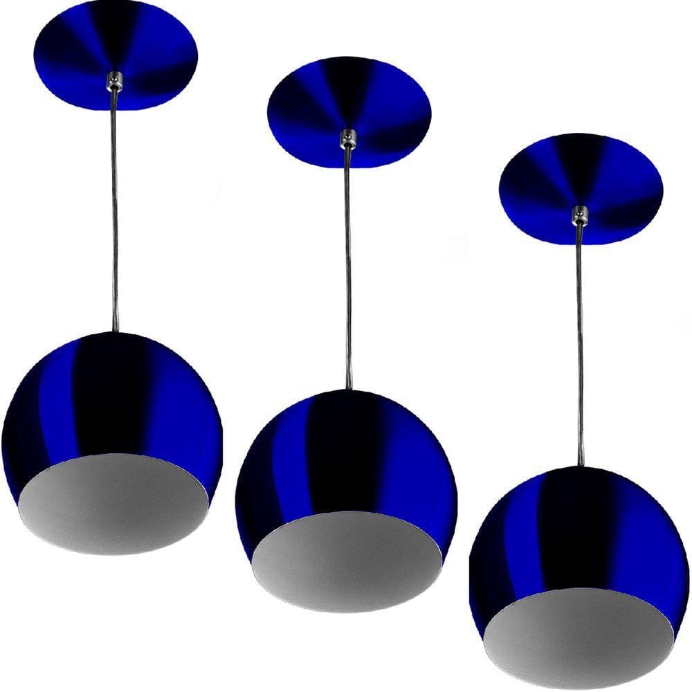 Kit 3 Pendente Bola Pequena Azul Metal Sala Cozinha Quarto