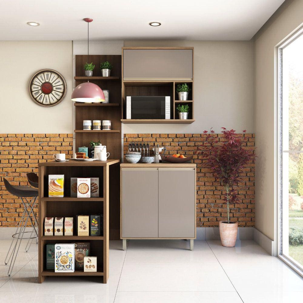 Cozinha Compacta 4 Peças com Bancada Mesa Gourmet Armário com Nicho Balcão 80cm Luciane Móveis