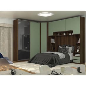 Guarda Roupa de Canto Casal com Vidro Reflecta Nogueira Dourado com Verde Jade Prime Luciane Móveis