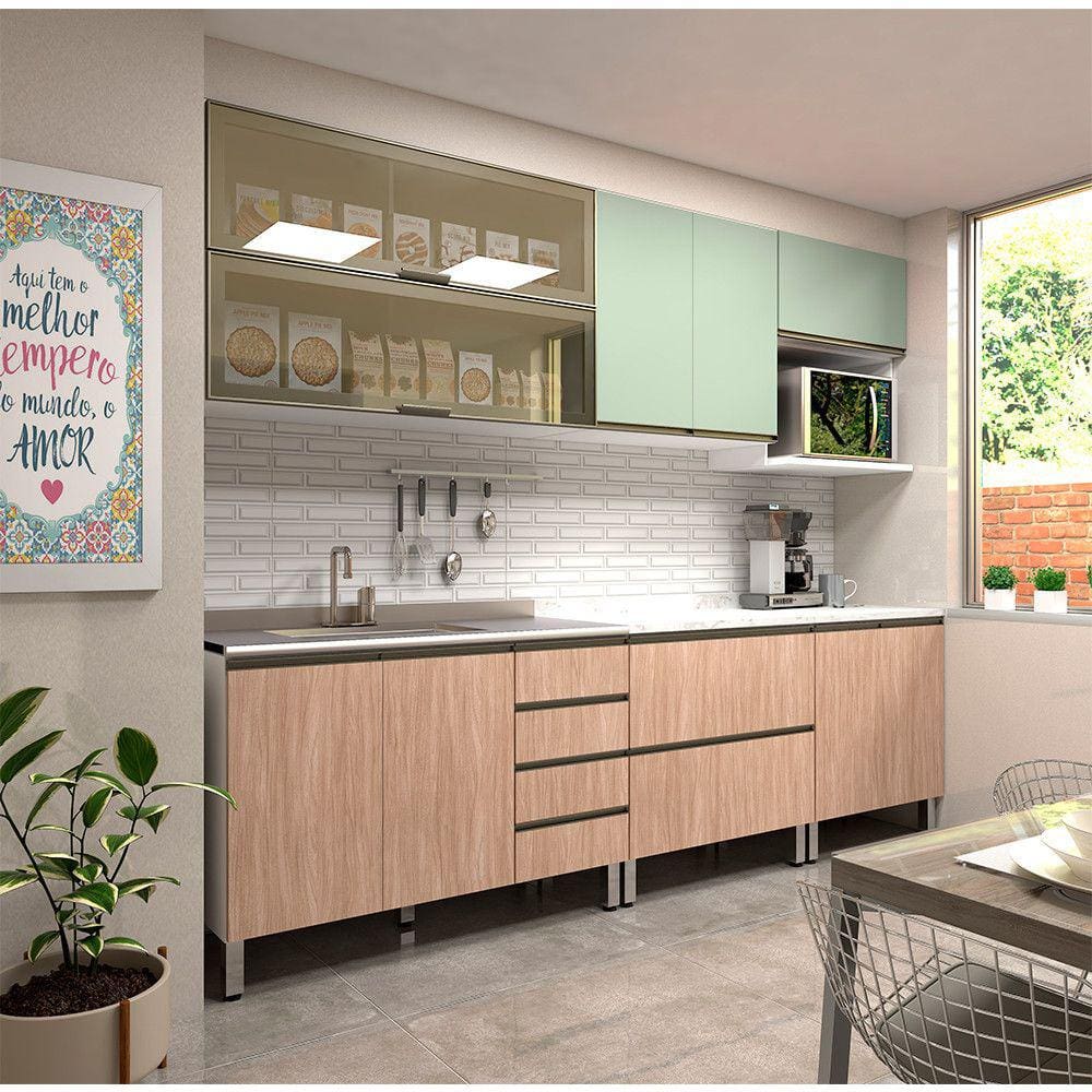 Cozinha Modulada Compacta 7 Peças sem Tampo de 120 Branco com Cumaru e Verde Pérola Luciane Móveis