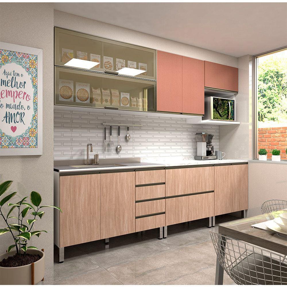 Cozinha Modulada Compacta 7 Peças sem Tampo de 120 Branco com Cumaru e Gaia Pérola Luciane Móveis
