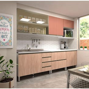 Cozinha Modulada Compacta 7 Peças sem Tampo de 120 Branco com Cumaru e Gaia Pérola Luciane Móveis