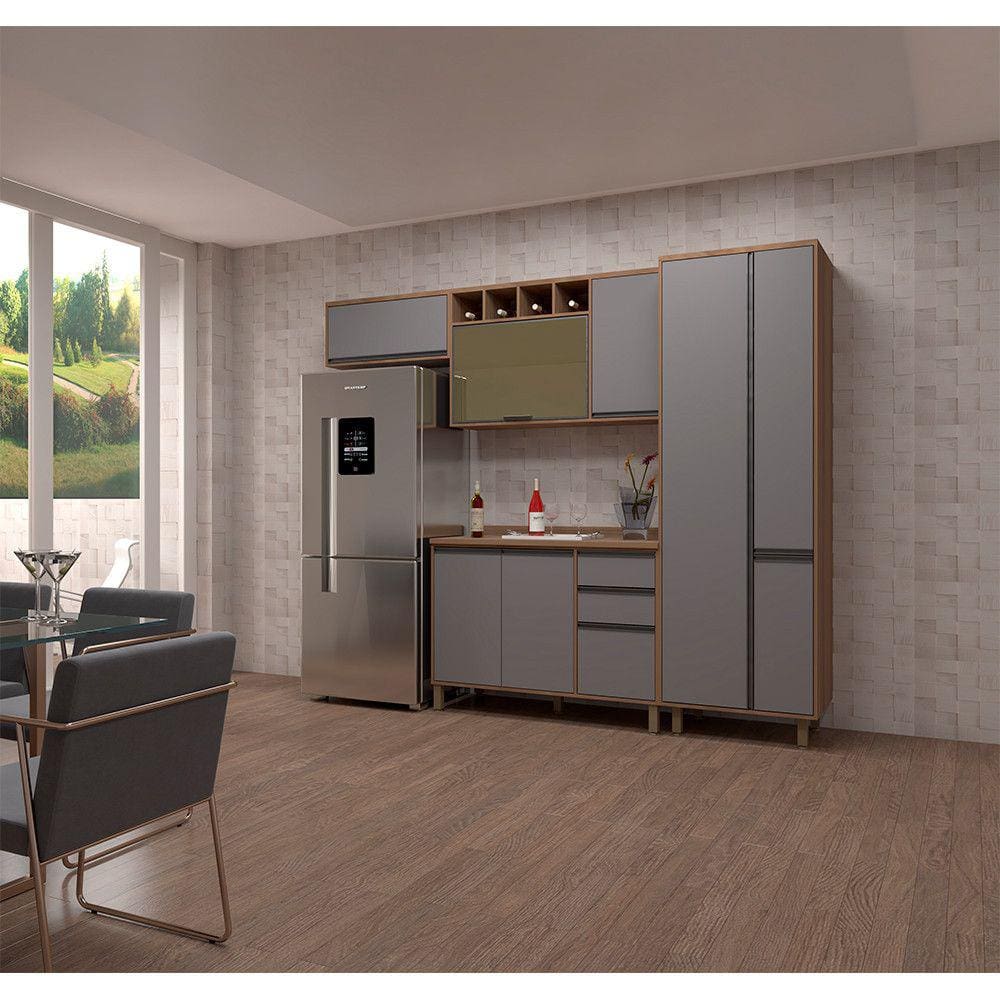 Armário de Cozinha Compacta 4 Peças com Tampo Vanilla com Cinza Puro Isa Luciane Móveis