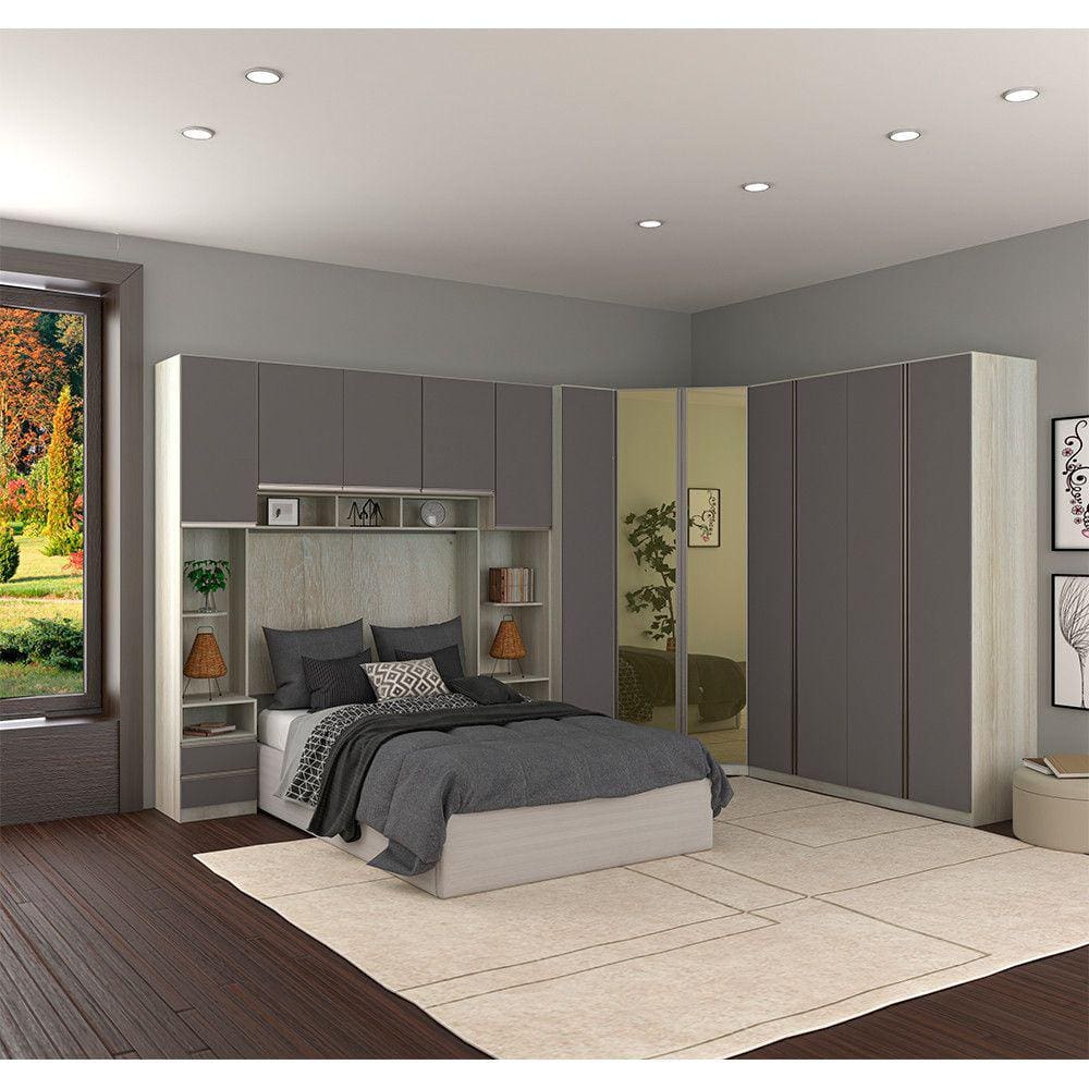 Guarda Roupa Canto Casal com Vidro Reflecta Legno Crema com Cinza Puro Prime Luciane Móveis