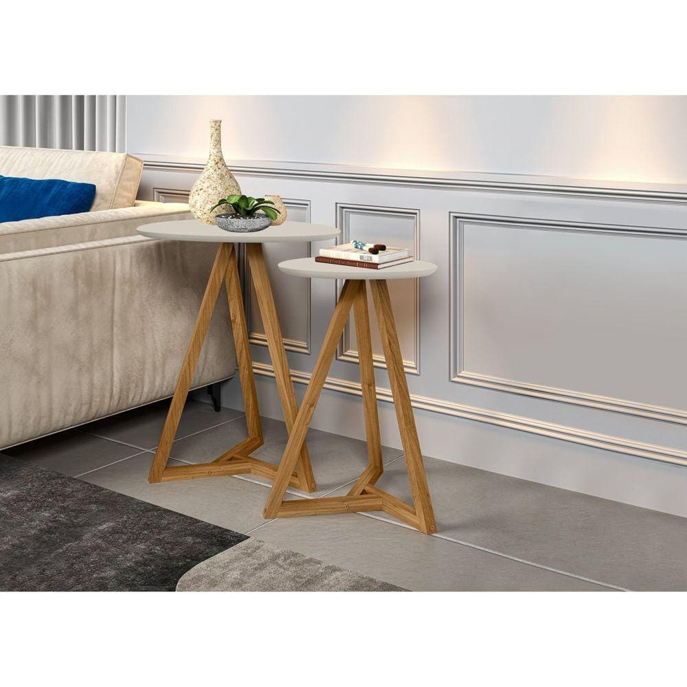 Kit 2 Mesas Laterais Classic Tebarrot Off White/Amêndoa