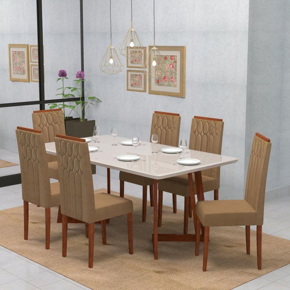 Conjunto Sala de Jantar 6 Lugares Madeira Eucalipto Ametista Móveis Meneghetti Caramarromo/Chocolate