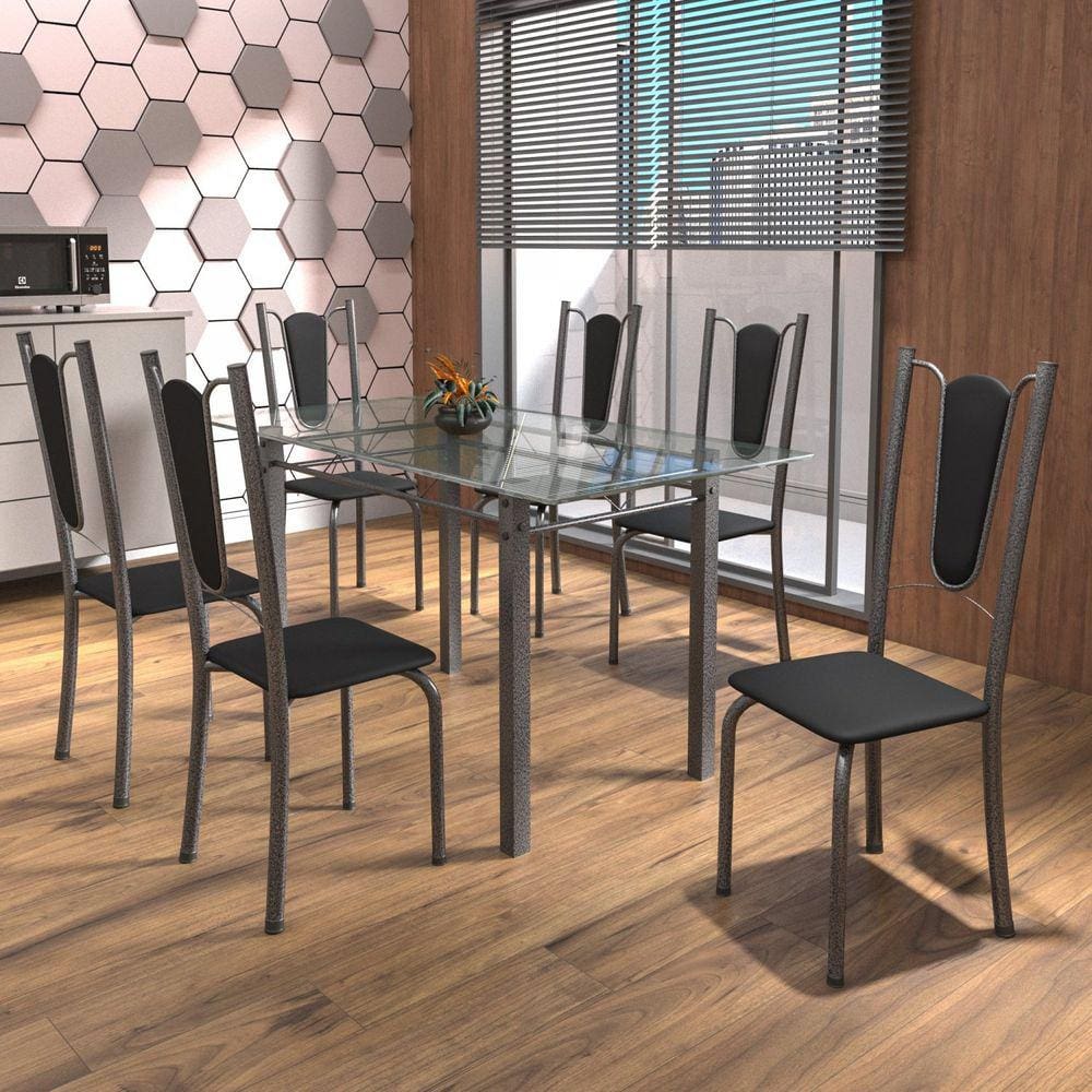 Conjunto de Mesa Tubular 6 Cadeiras 140cm com Tampo de Vidro Marromissa Soma Móveis Preto/Prata