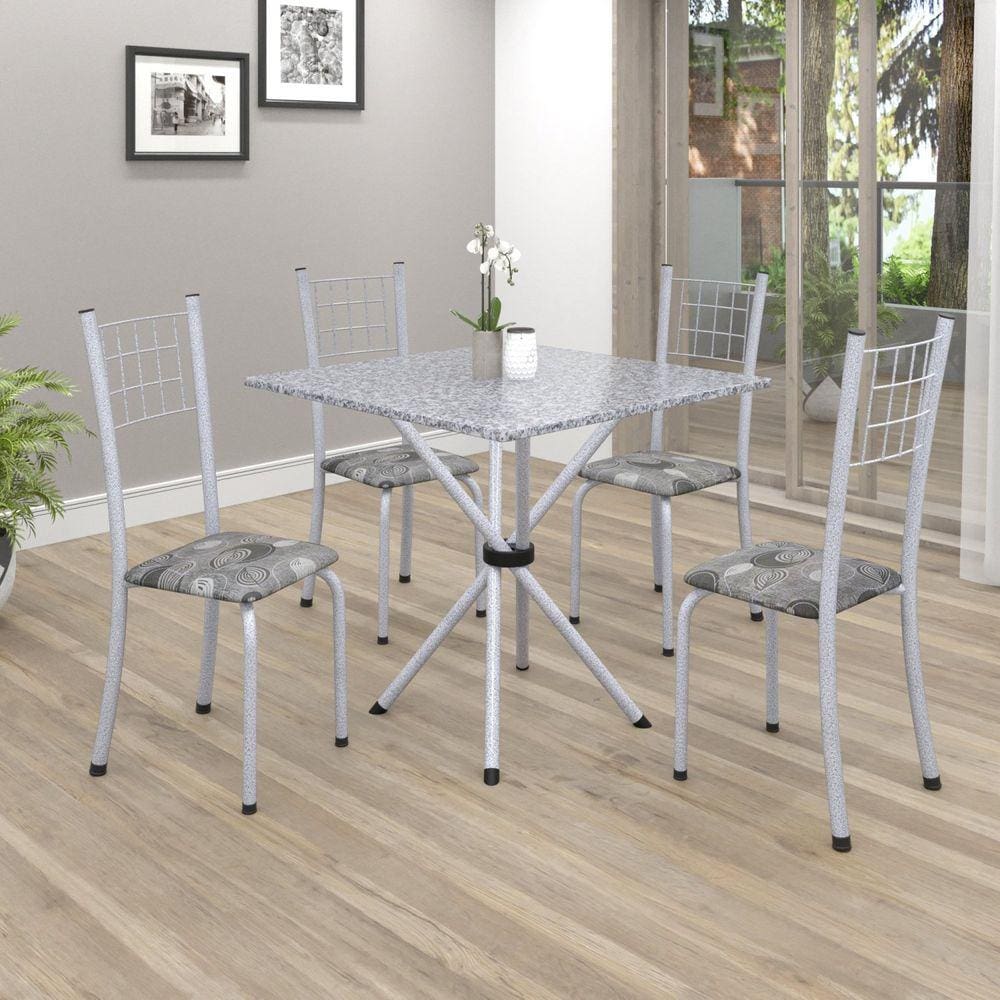Conjunto de Mesa Tubular 70x70cm Tampo em Granito com 4 Cadeiras Dany Soma Móveis Paraopeba/Martelado Perola/Ocre
