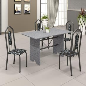 Conjunto de Mesa 120x75cm Tampo Granito com 4 Cadeiras Bianca Soma Móveis Martelado Prata/Granito Ocre/Preto Floral